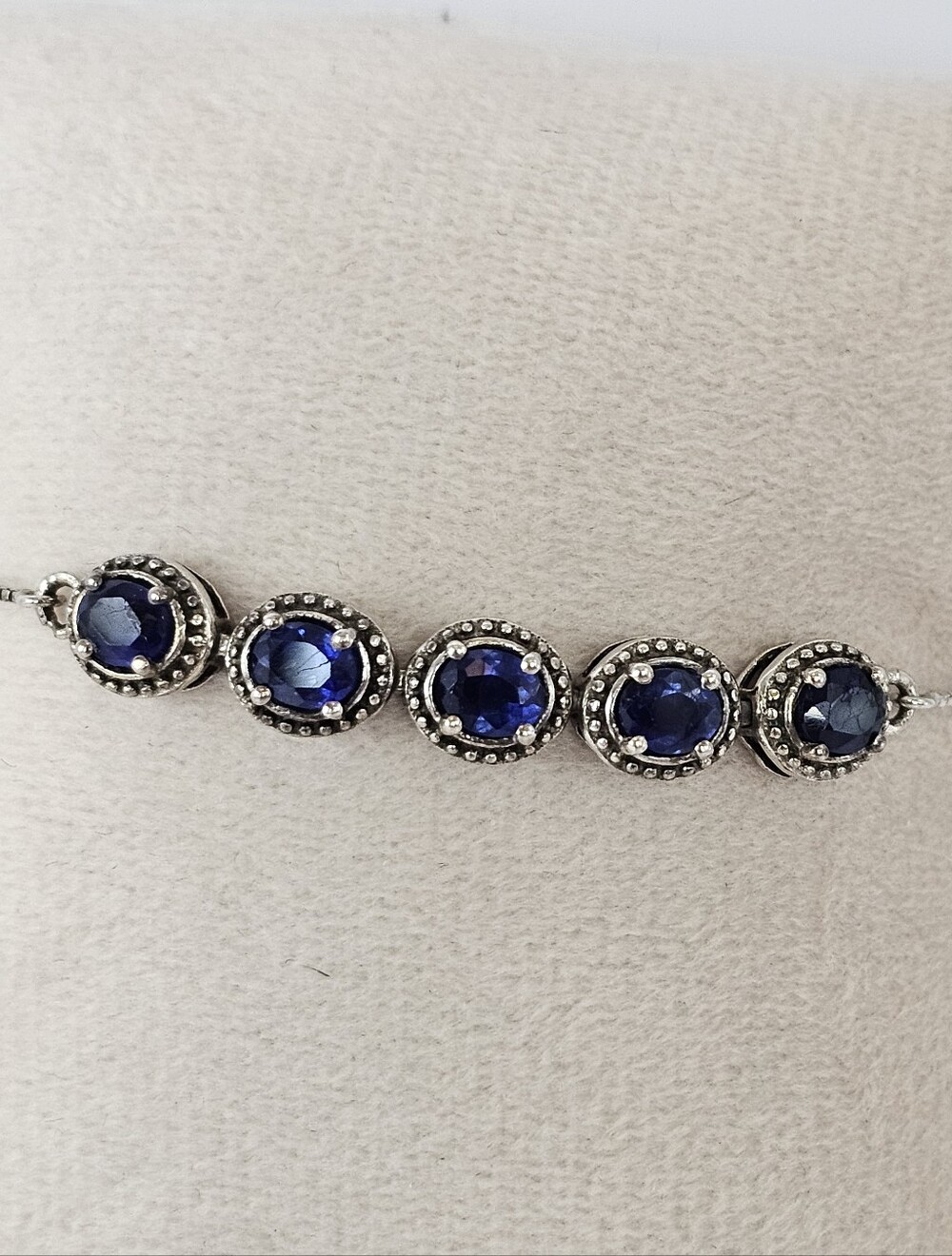 Genuine Blue Sapphire & Diamond Bolo Bracelet Sterling Silver Rhodium 7"-8"